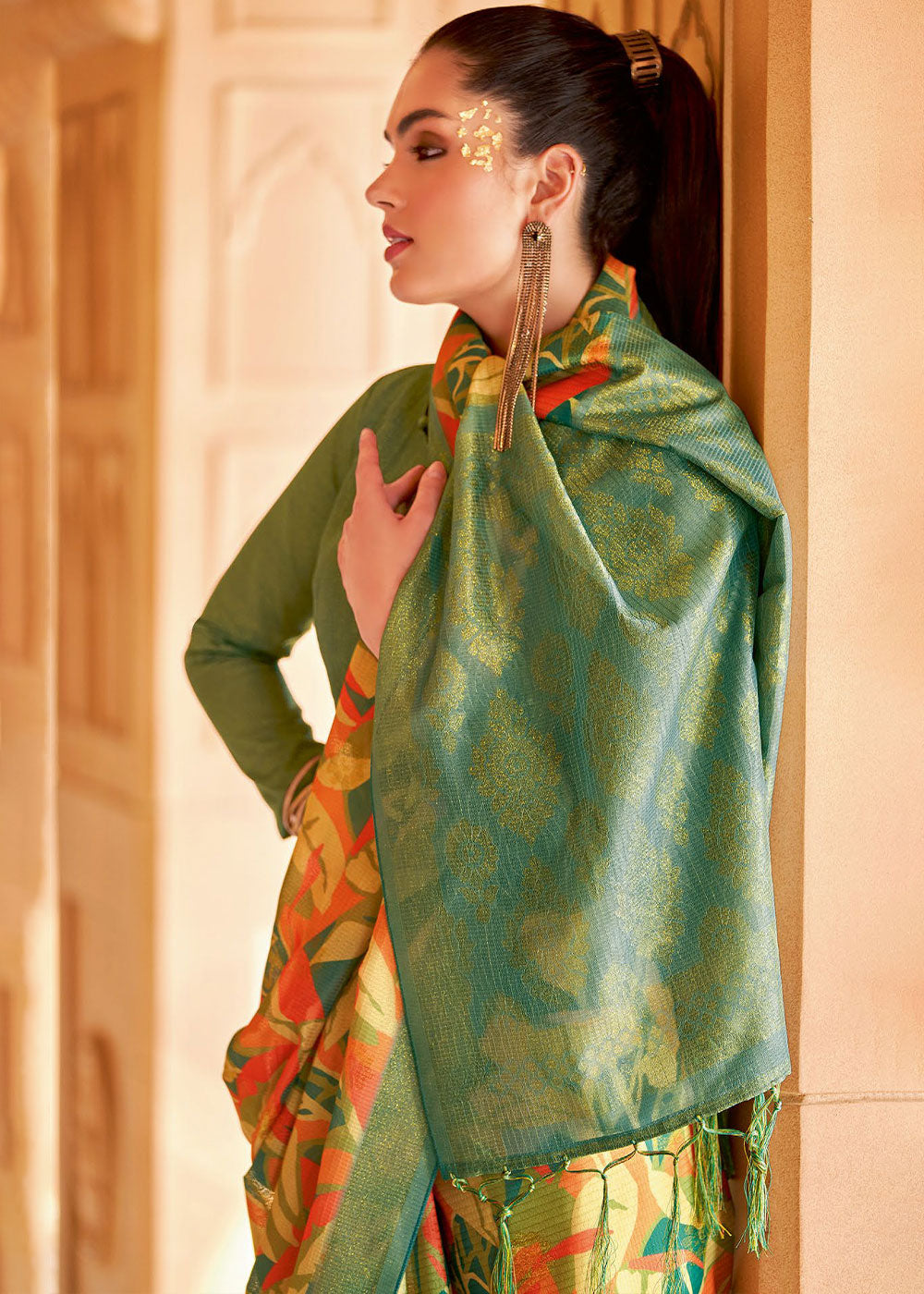 Fern Green Floral Printed Cotton Silk Saree:Summer Collection