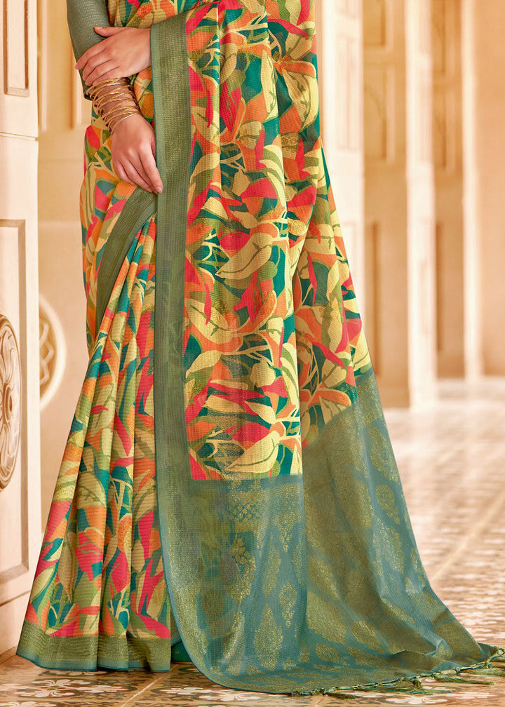 Fern Green Floral Printed Cotton Silk Saree:Summer Collection