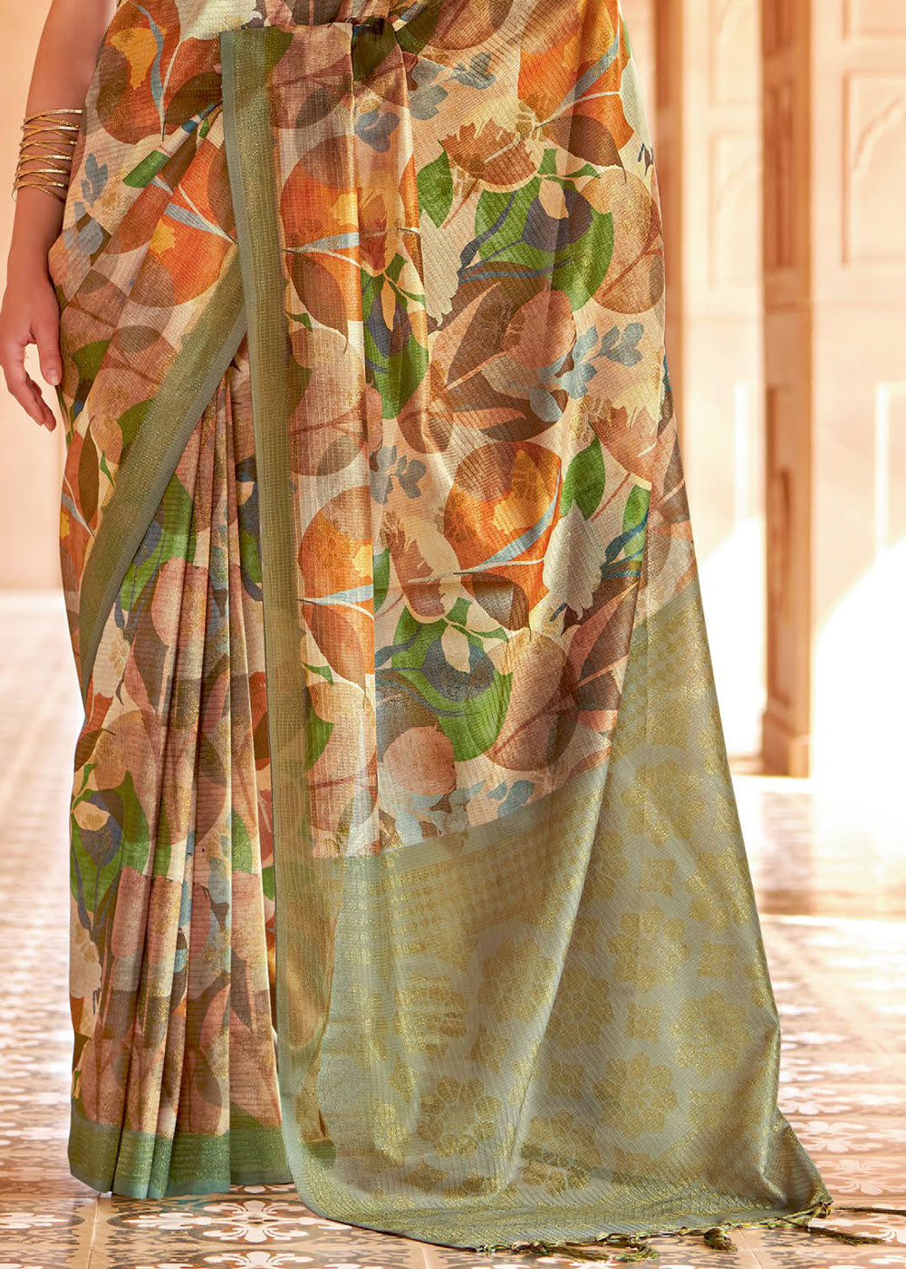 Pastel Green Floral Printed Cotton Silk Saree:Summer Collection