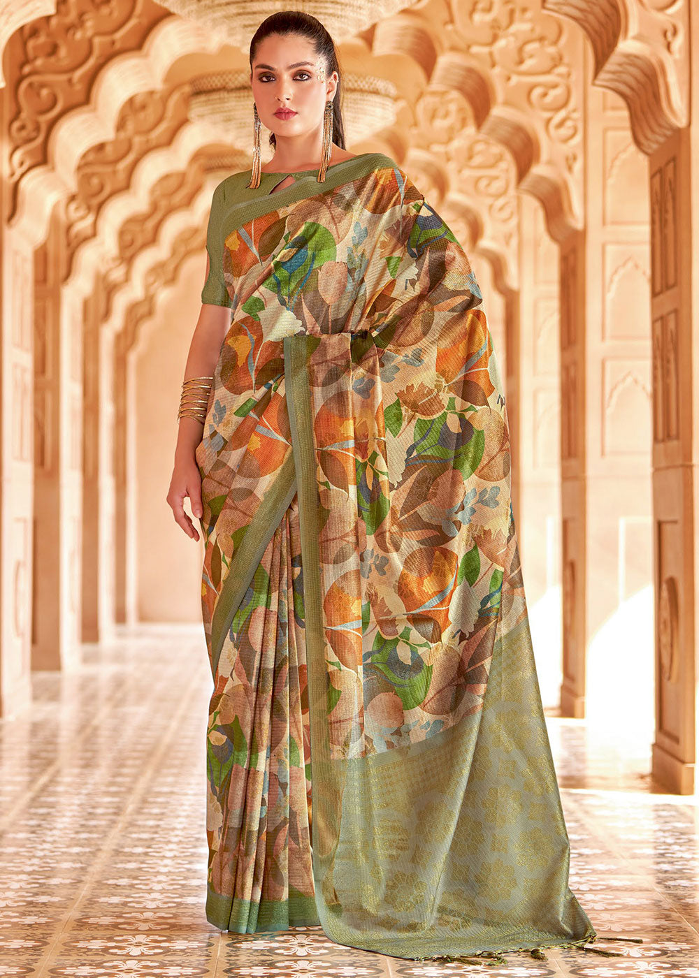 Pastel Green Floral Printed Cotton Silk Saree:Summer Collection