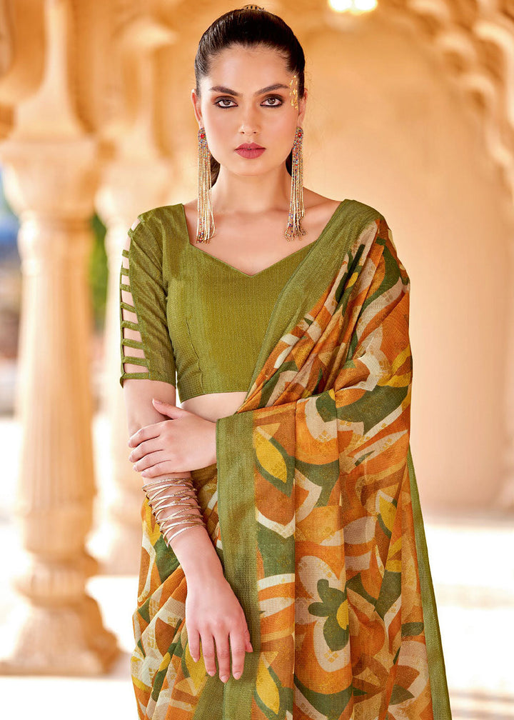 Light Green Floral Printed Cotton Silk Saree:Summer Collection