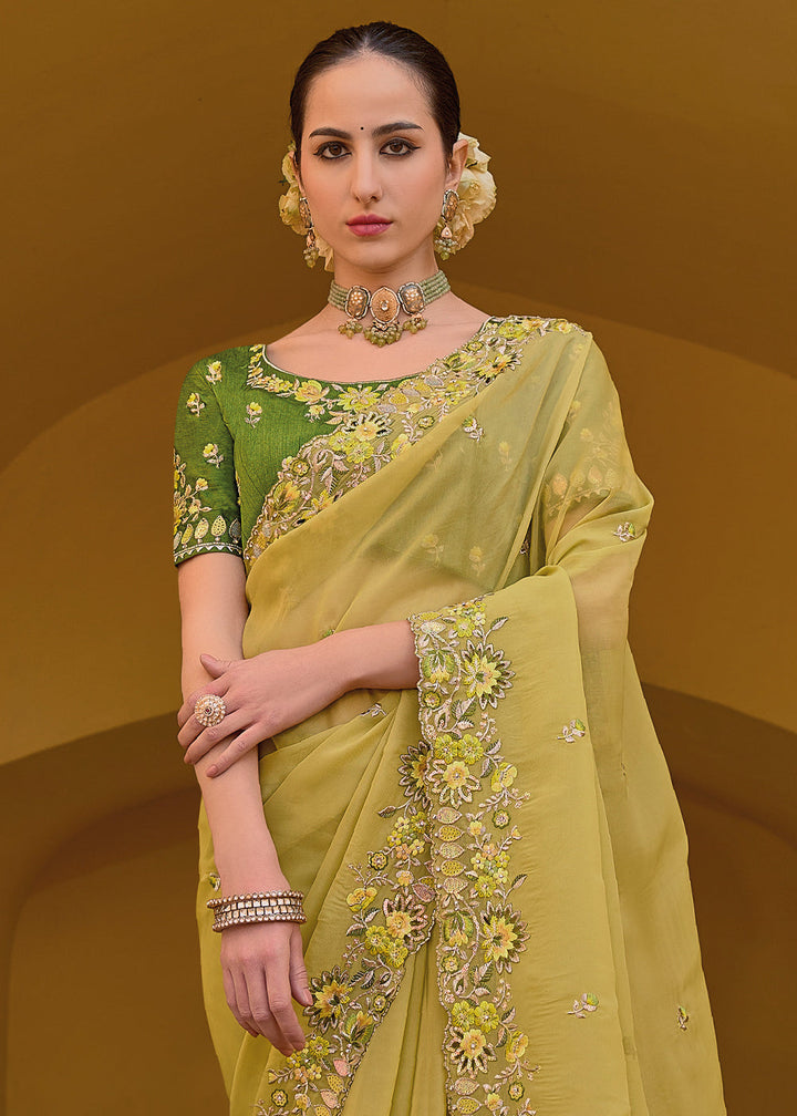 Lemon Yellow Tissue Organza Silk with Embroidery Cut Work Border, Stone & Sequence work