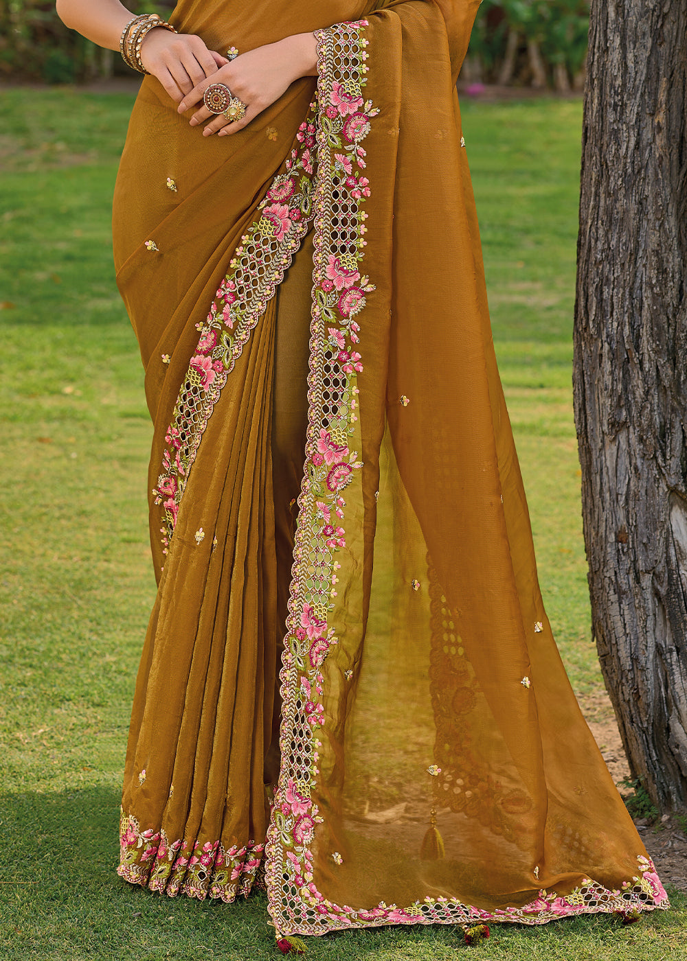 Dijon Yellow Tissue Organza Silk with Embroidery Cut Work Border, Stone & Sequence work