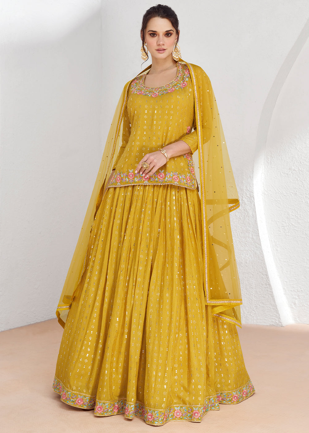 Canary Yellow Embroidered Georgette Top & Skirt Set with Dupatta