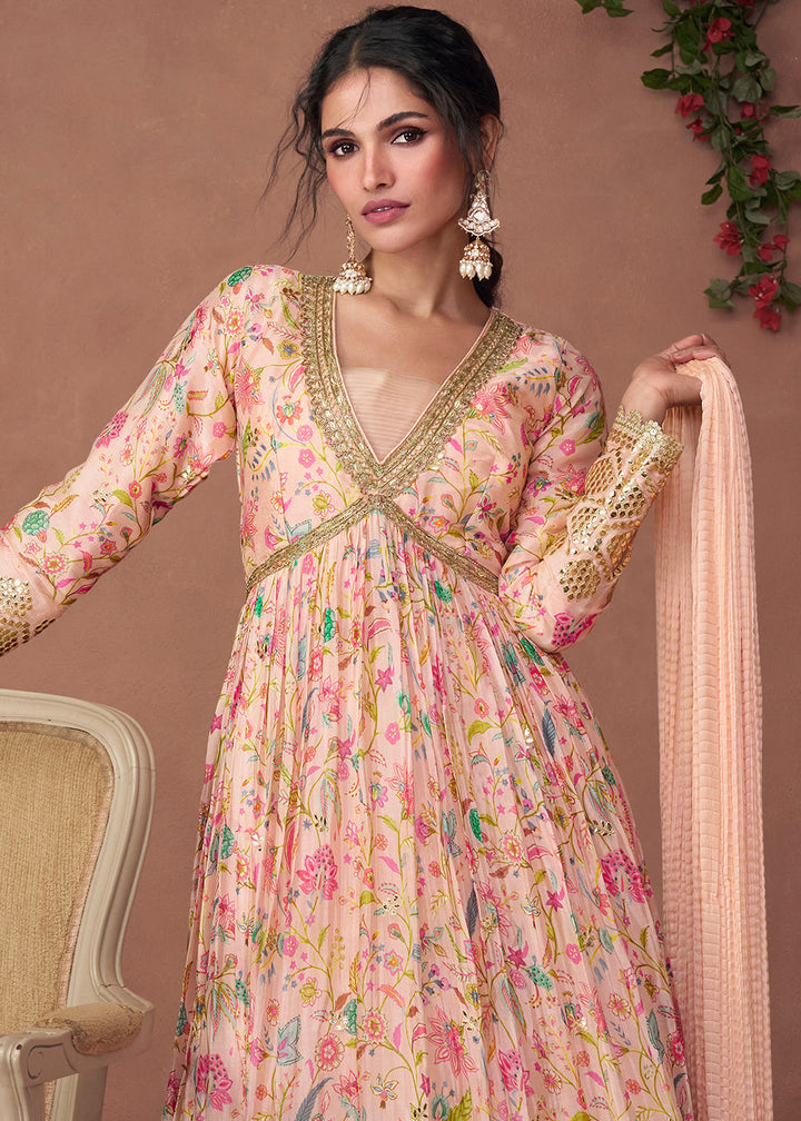Light Pink Floral Printed Organza Silk Anarkali Suit with Embroidery work