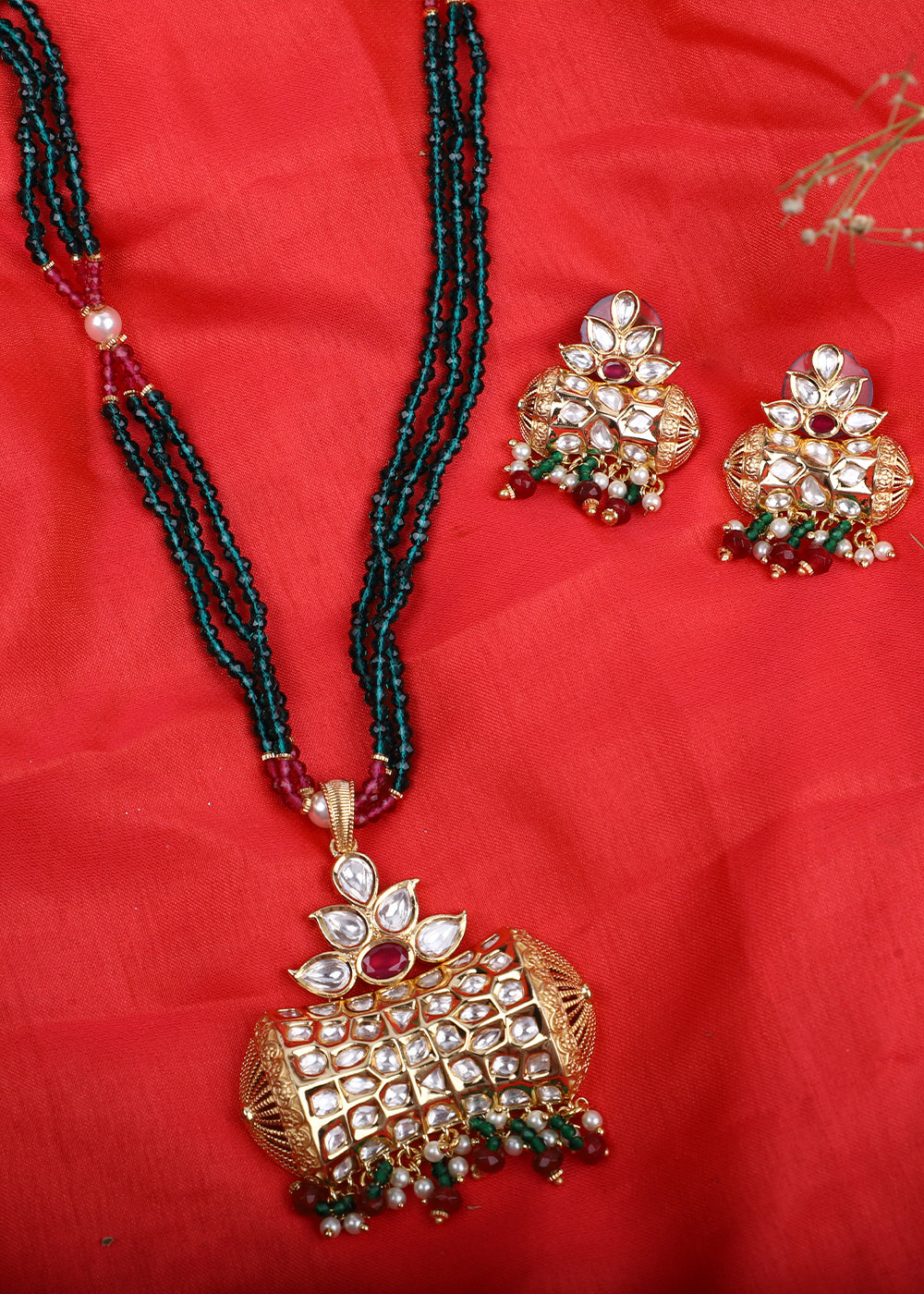 Golden & White Kundan Necklace Set with Stones work