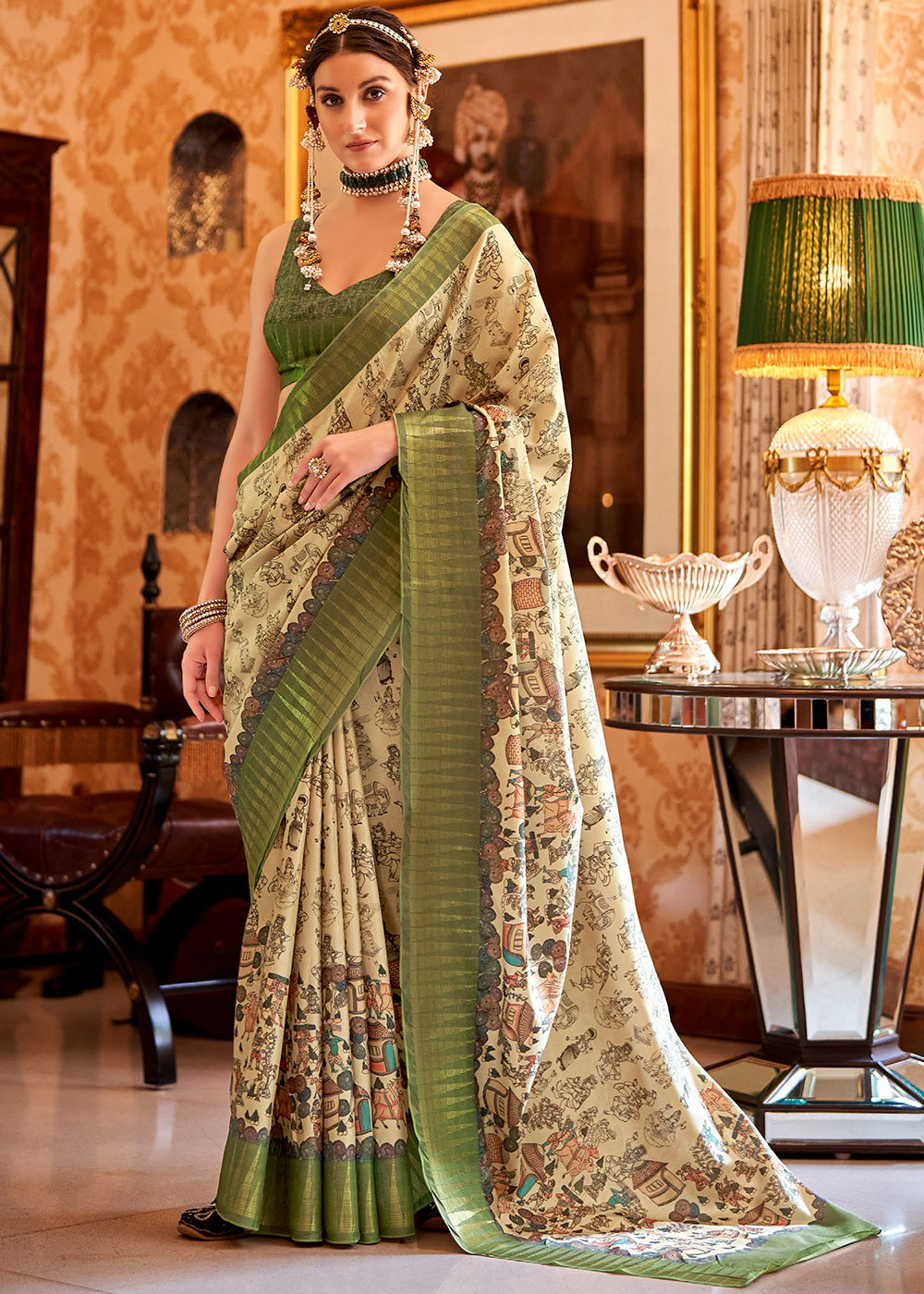 Green & White Printed Silk Saree