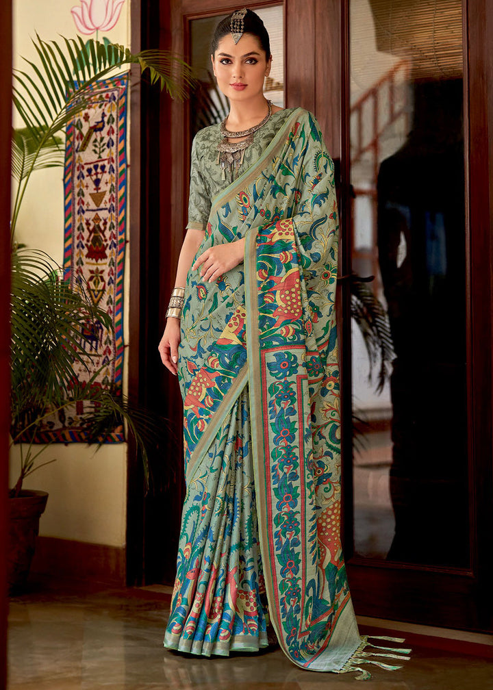 Shades Of Blue Kalamkari Printed Soft Silk Saree