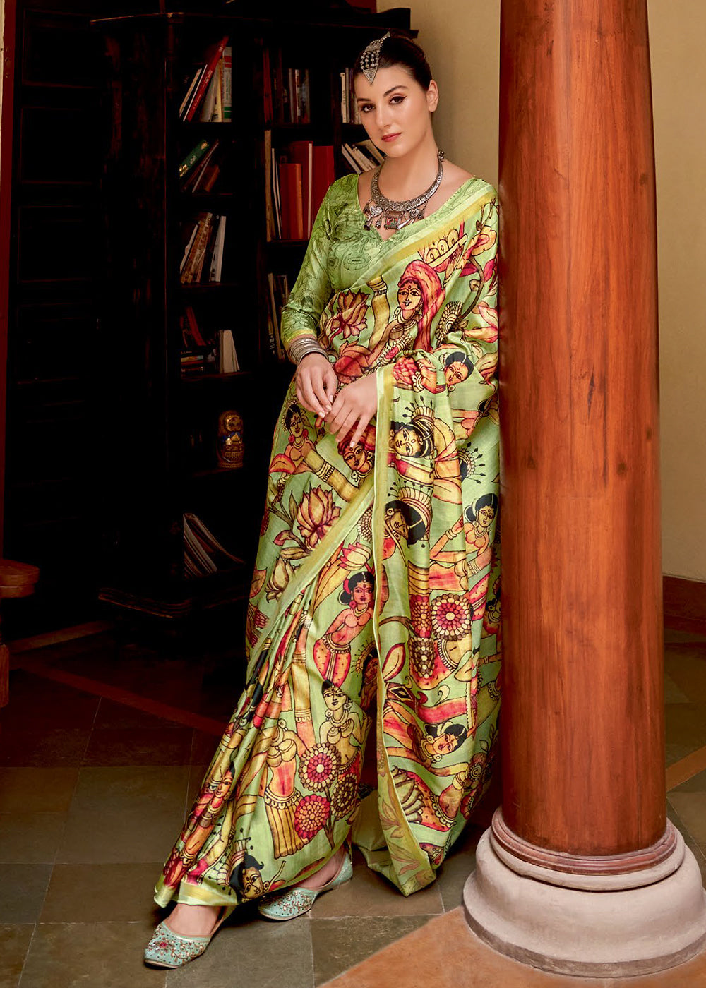 Avocado Green Kalamkari Printed Soft Silk Saree : Top Pick