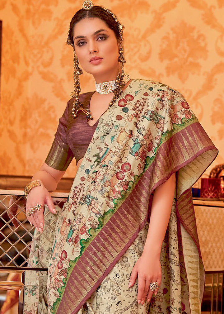 Brown & White Printed Silk Saree