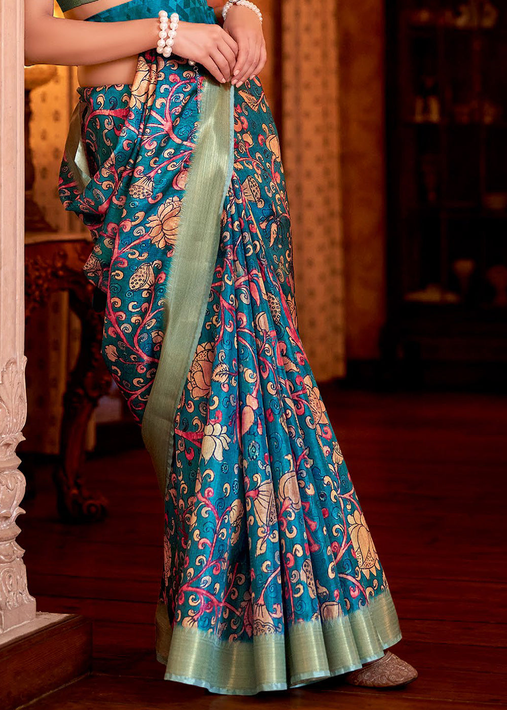 Cerulean Blue Floral Printed Manipuri Silk Saree