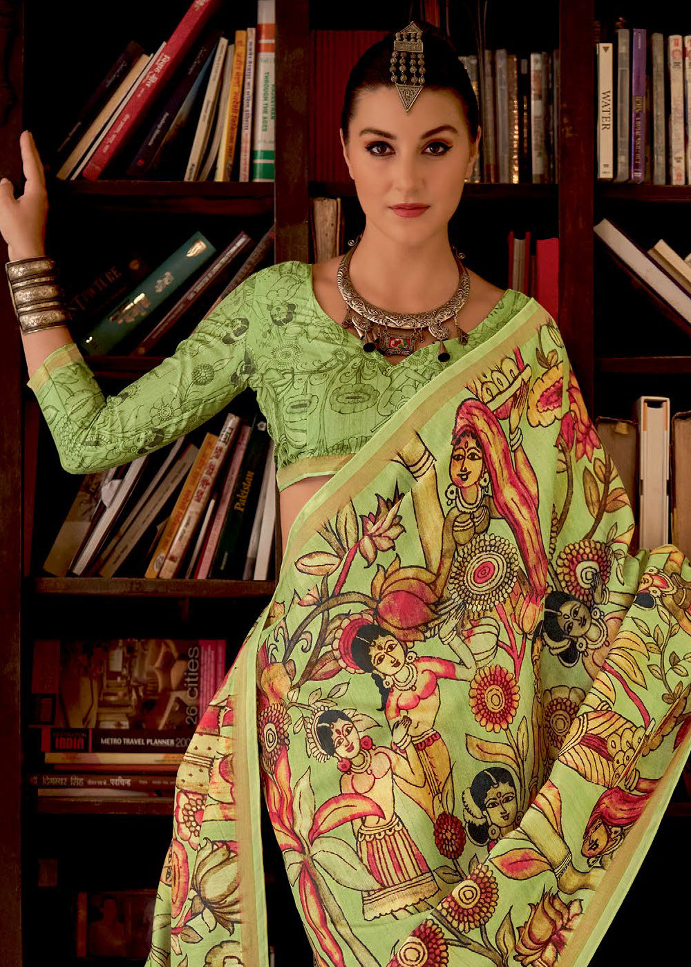 Avocado Green Kalamkari Printed Soft Silk Saree : Top Pick