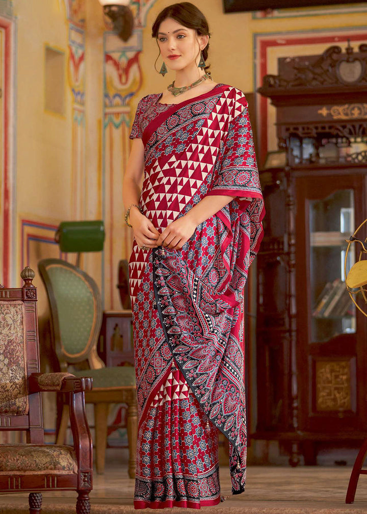 Shades Of Red Ajrakh Printed Satin Crepe Saree:Summer Collection
