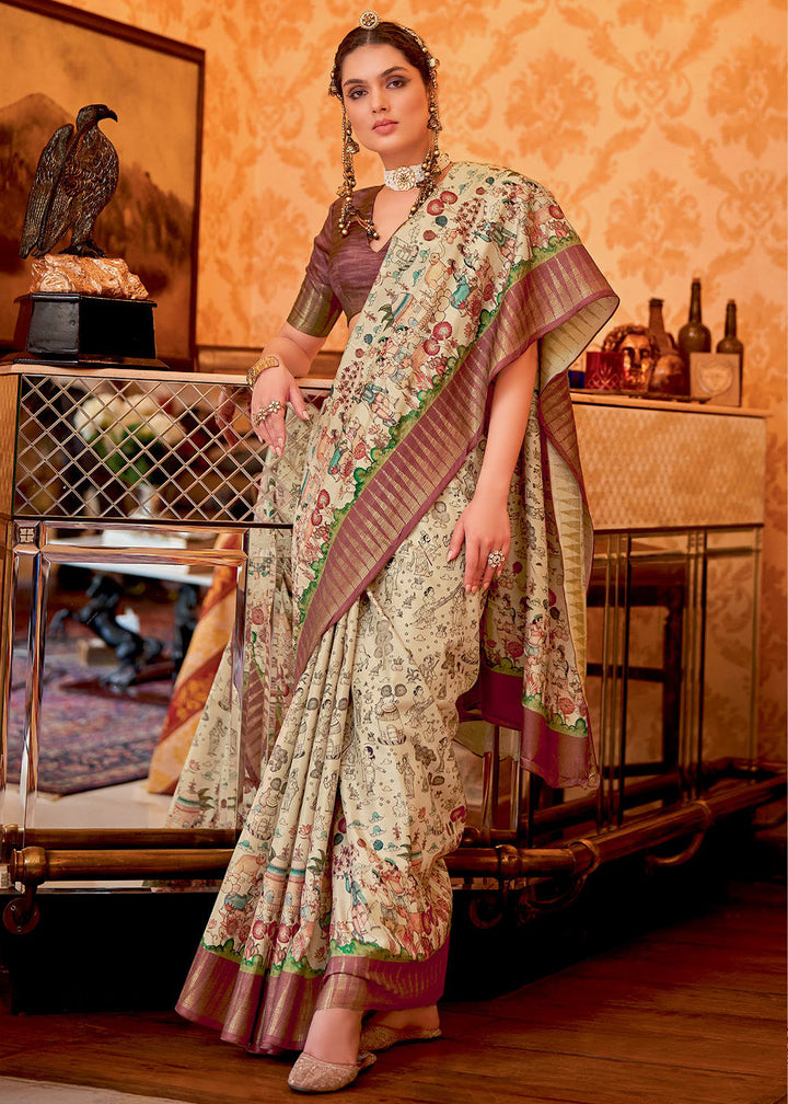 Brown & White Printed Silk Saree