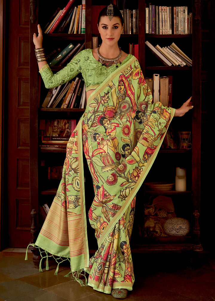 Avocado Green Kalamkari Printed Soft Silk Saree