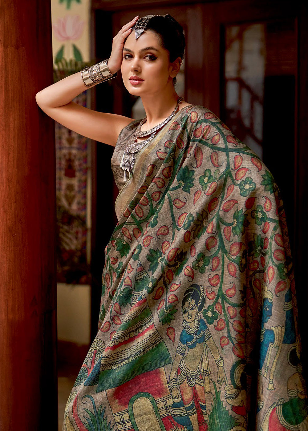 Shades Of Brown Kalamkari Printed Soft Silk Saree