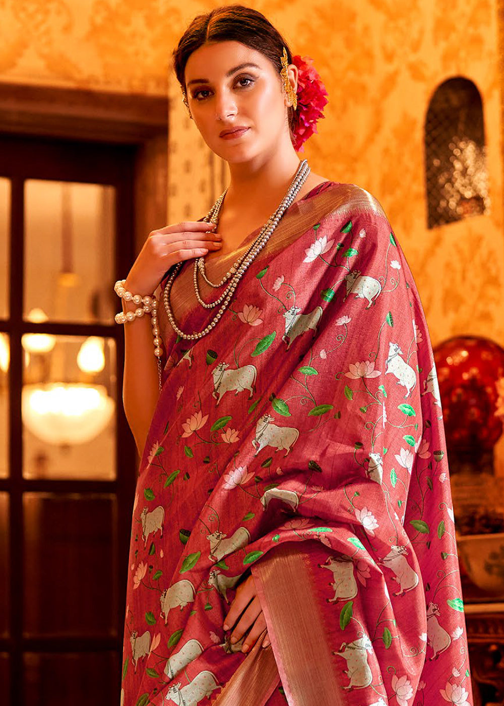 Rouge Pink  Printed Manipuri Silk Saree