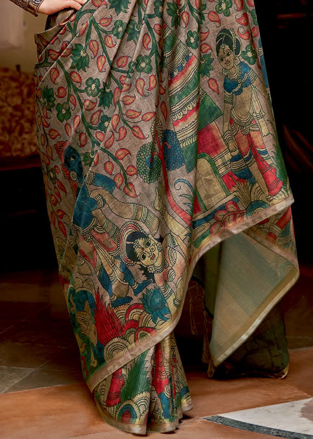 Shades Of Brown Kalamkari Printed Soft Silk Saree