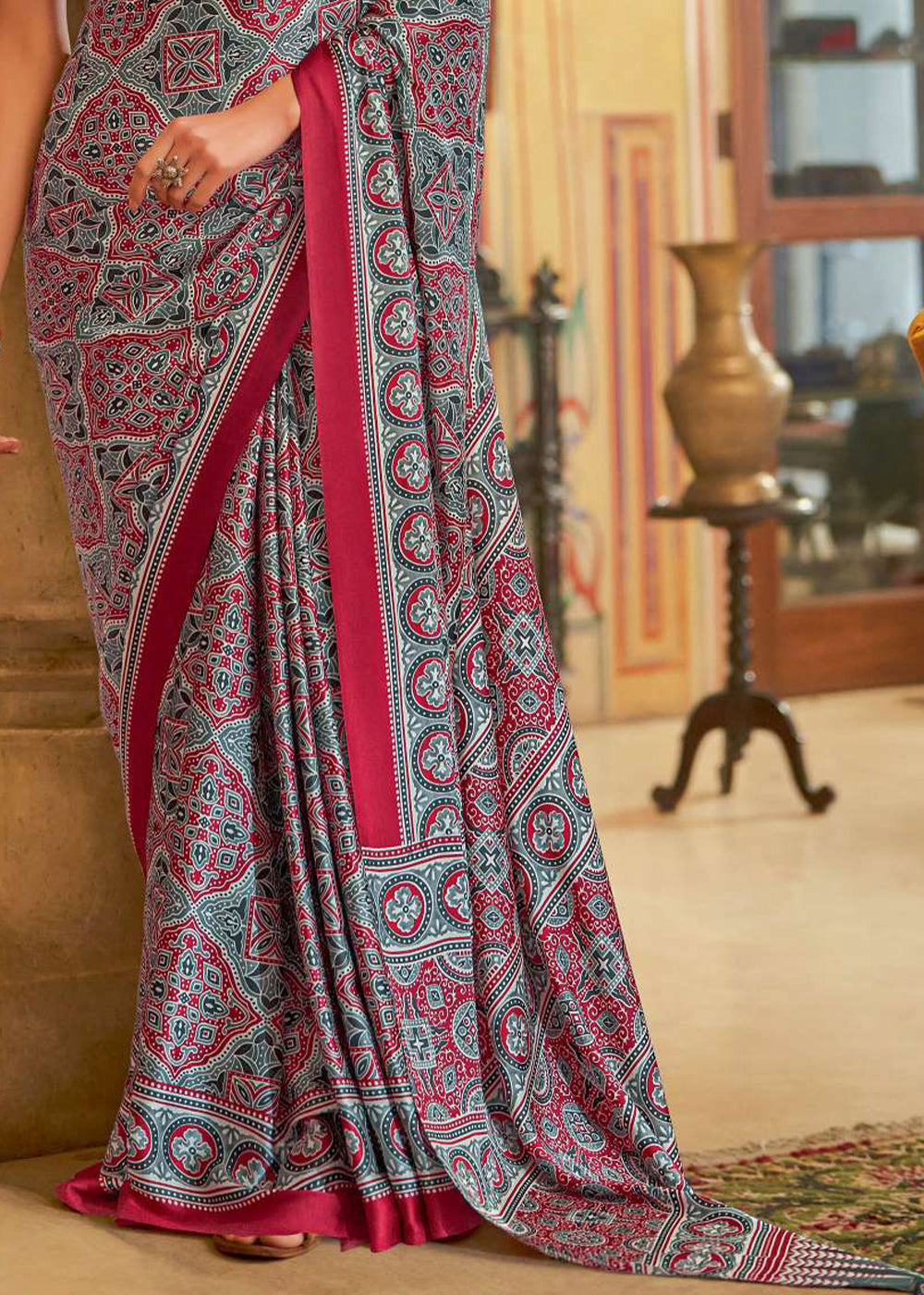 Blue & Red Ajrakh Printed Satin Crepe Saree:Summer Collection