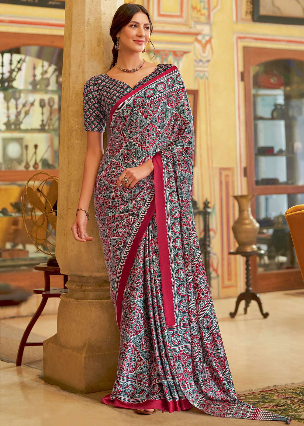 Blue & Red Ajrakh Printed Satin Crepe Saree:Summer Collection