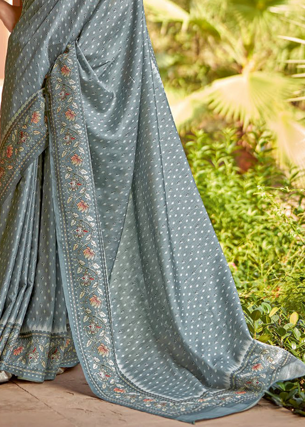 Light Blue Grey Designer Printed Silk Saree