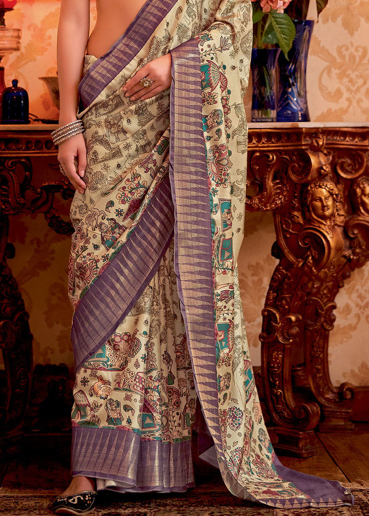 Purple & White Printed Silk Saree