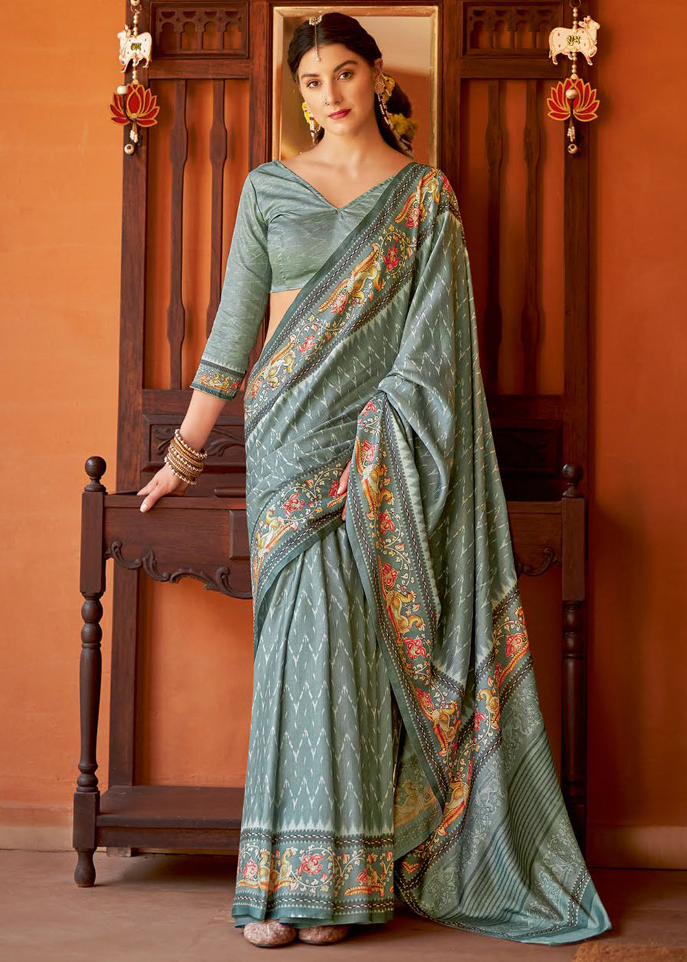 Sage Green Designer Printed Silk Saree