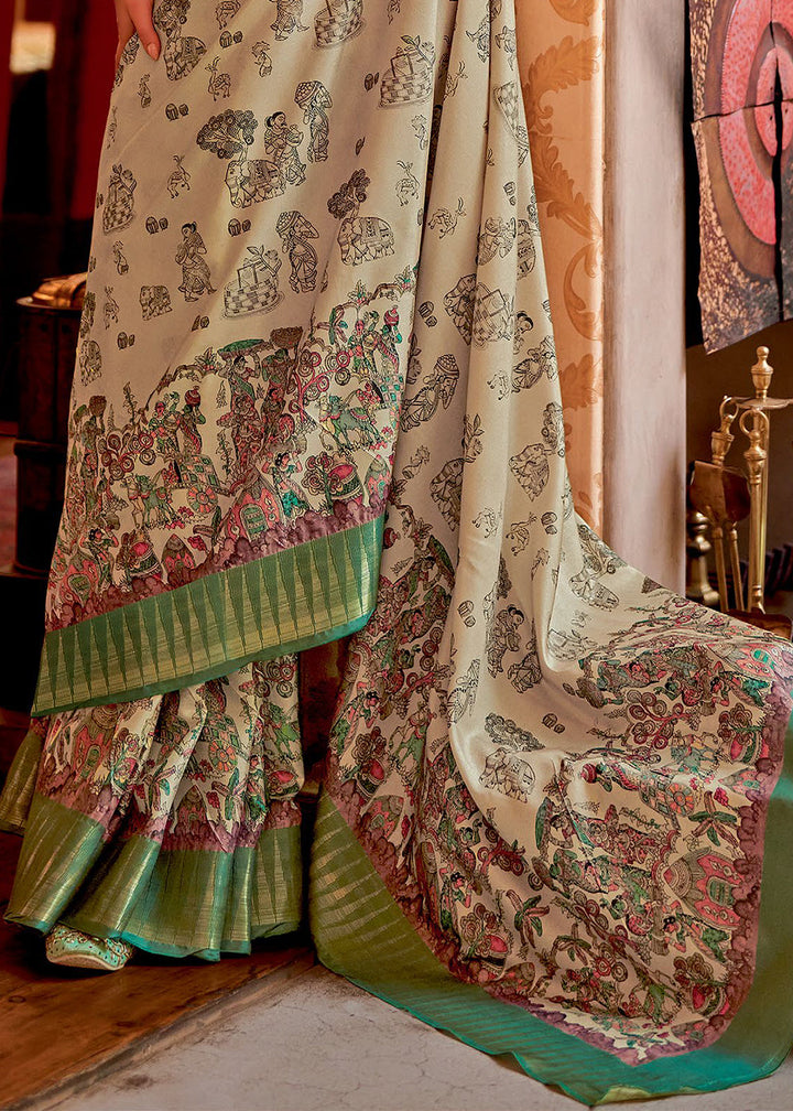 Green & White Printed Silk Saree