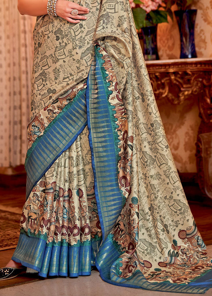 Blue & White Printed Silk Saree
