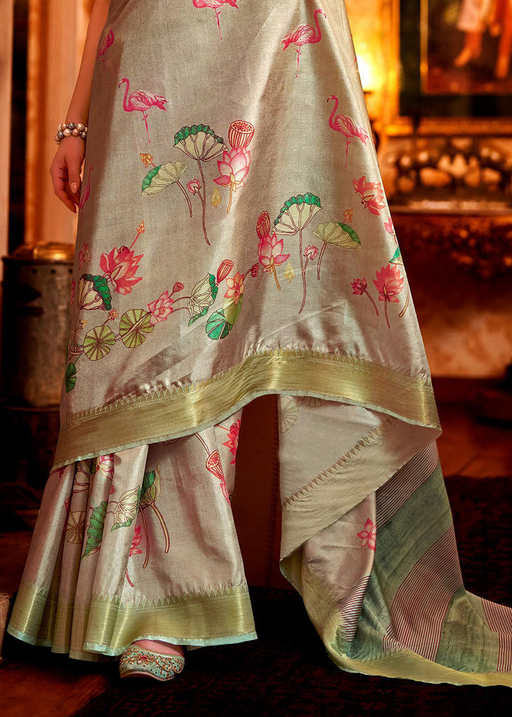 Brownish Grey Floral Printed Manipuri Silk Saree