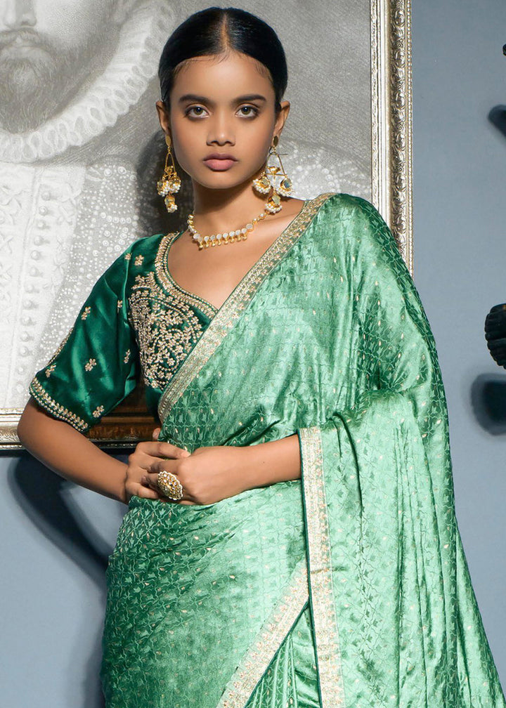 Seafoam Green Embroidered Viscose Satin Saree