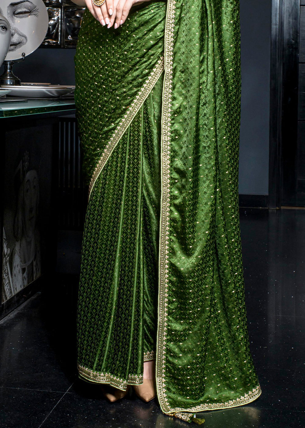 Cadmium Green Embroidered Viscose Satin Saree
