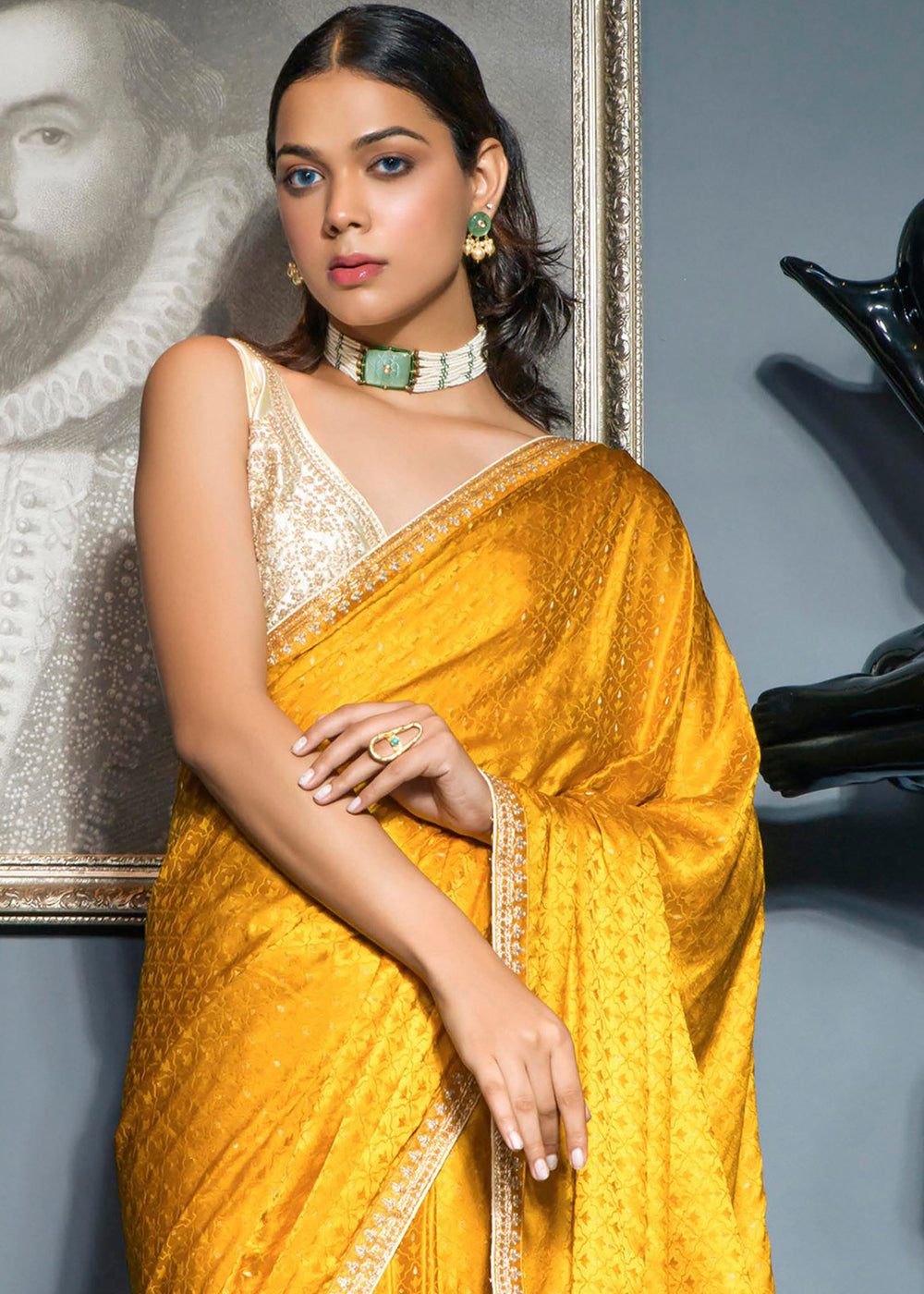 Shades Of Yellow Embroidered Viscose Satin Saree