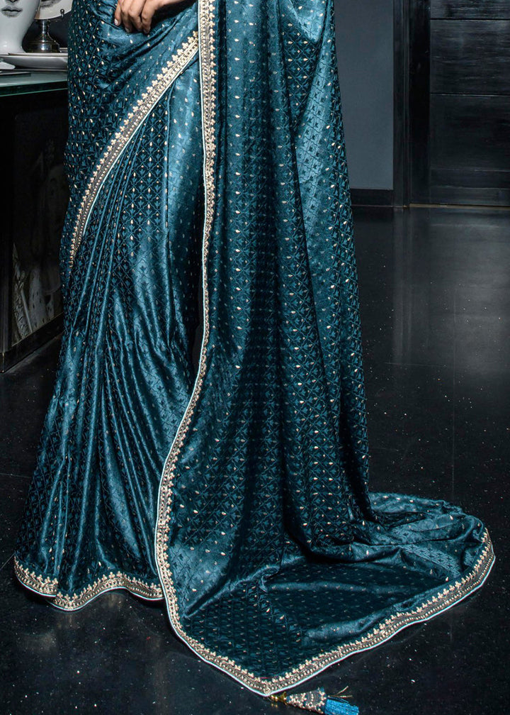 Celadon Blue Embroidered Viscose Satin Saree