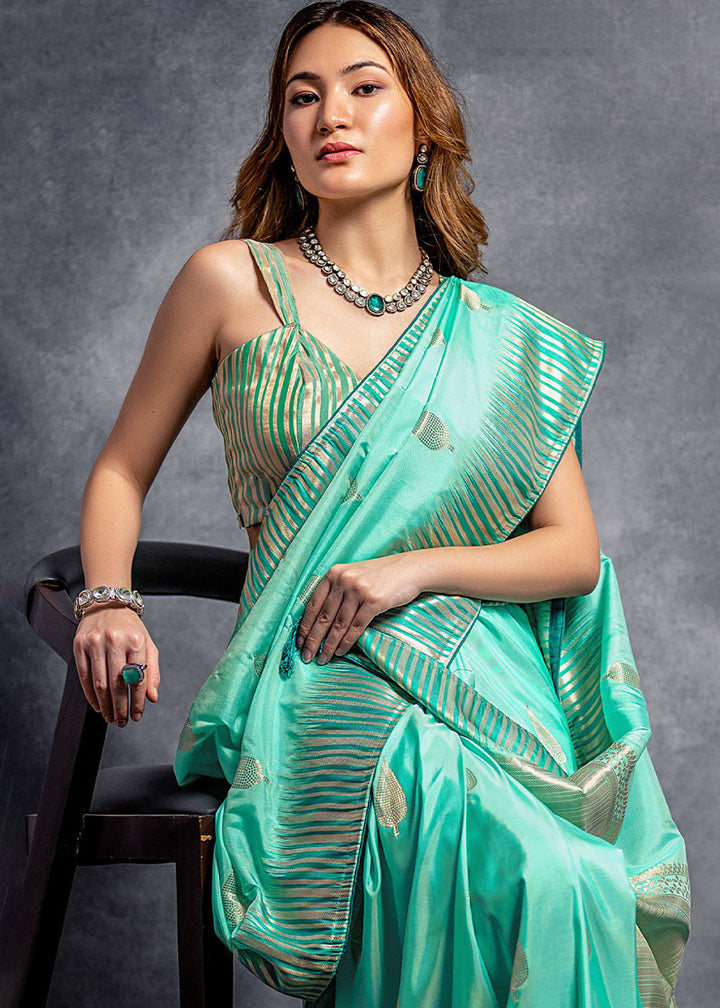 Turquoise Green Zari Woven Designer Silk Saree