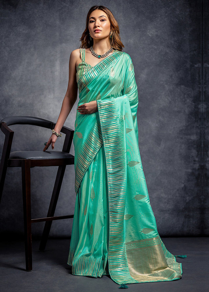 Turquoise Green Zari Woven Designer Silk Saree
