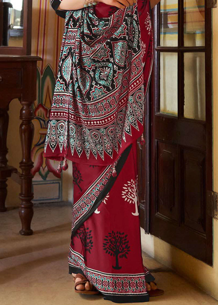 Ruby Red Ajrakh Printed Satin Crepe Saree:Summer Collection