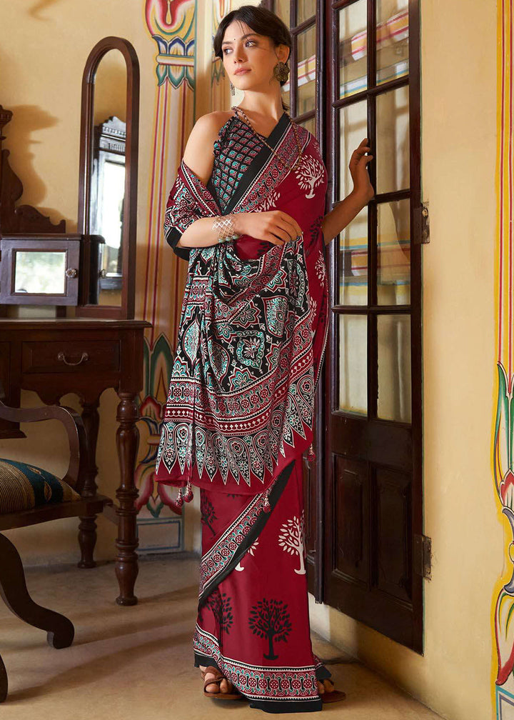 Ruby Red Ajrakh Printed Satin Crepe Saree:Summer Collection