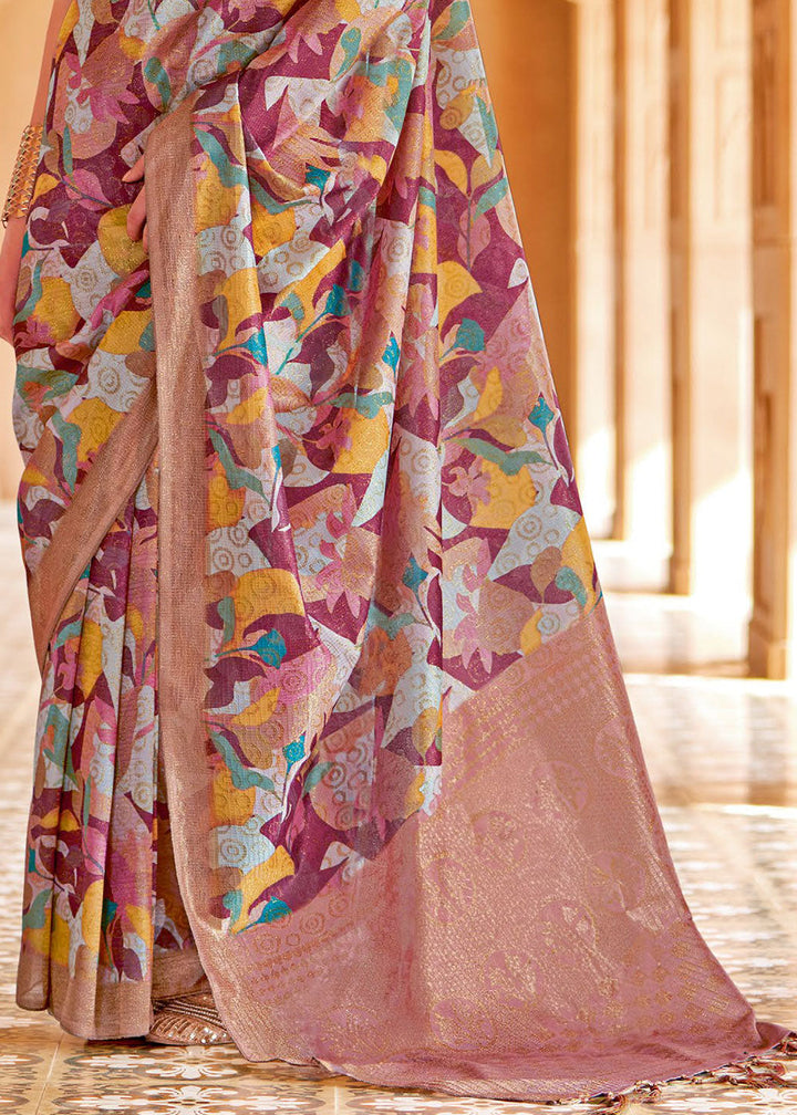 Light Mauve Purple Floral Printed Cotton Silk Saree:Summer Collection