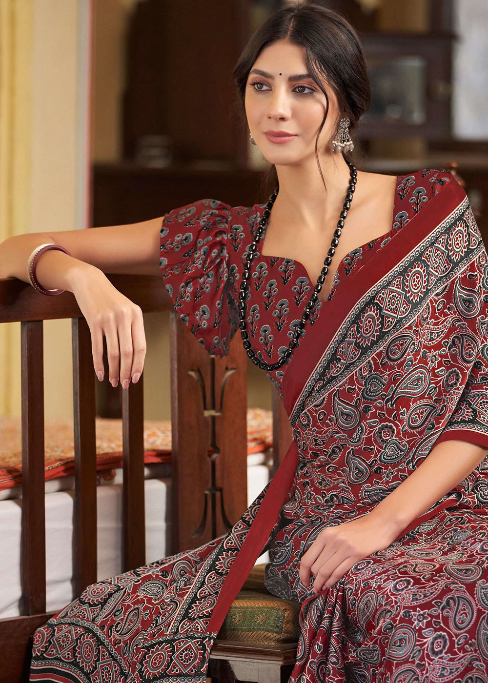 Maroon Red Ajrakh Printed Satin Crepe Saree:Summer Collection