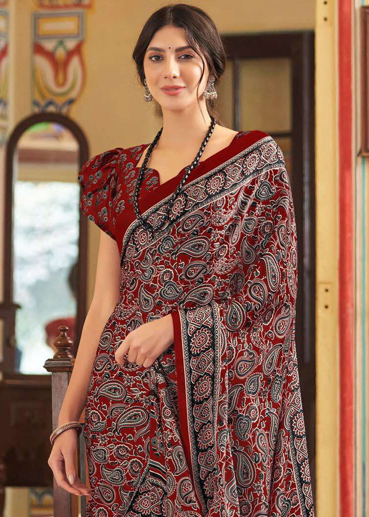 Maroon Red Ajrakh Printed Satin Crepe Saree:Summer Collection