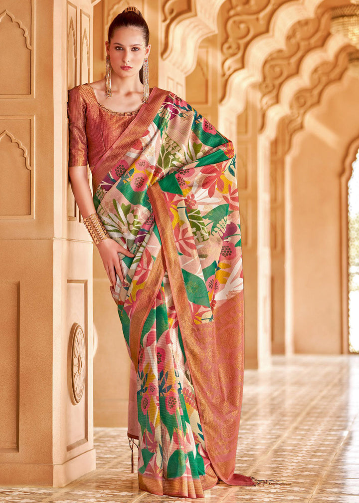 Persian Red Floral Printed Cotton Silk Saree:Summer Collection