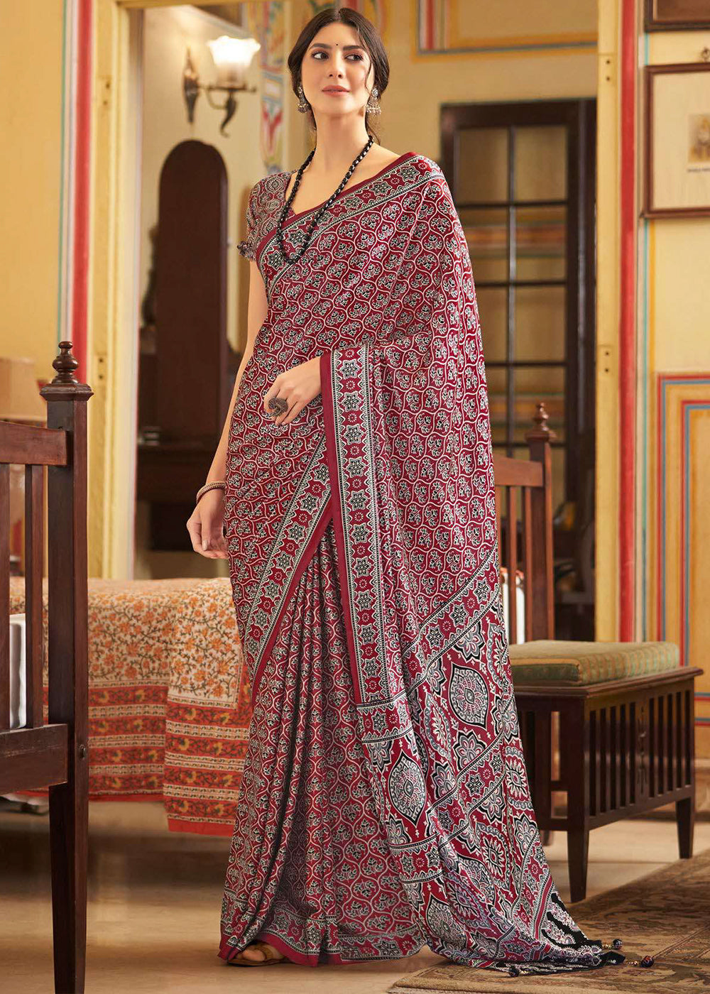 Barn Red Ajrakh Printed Satin Crepe Saree:Summer Collection