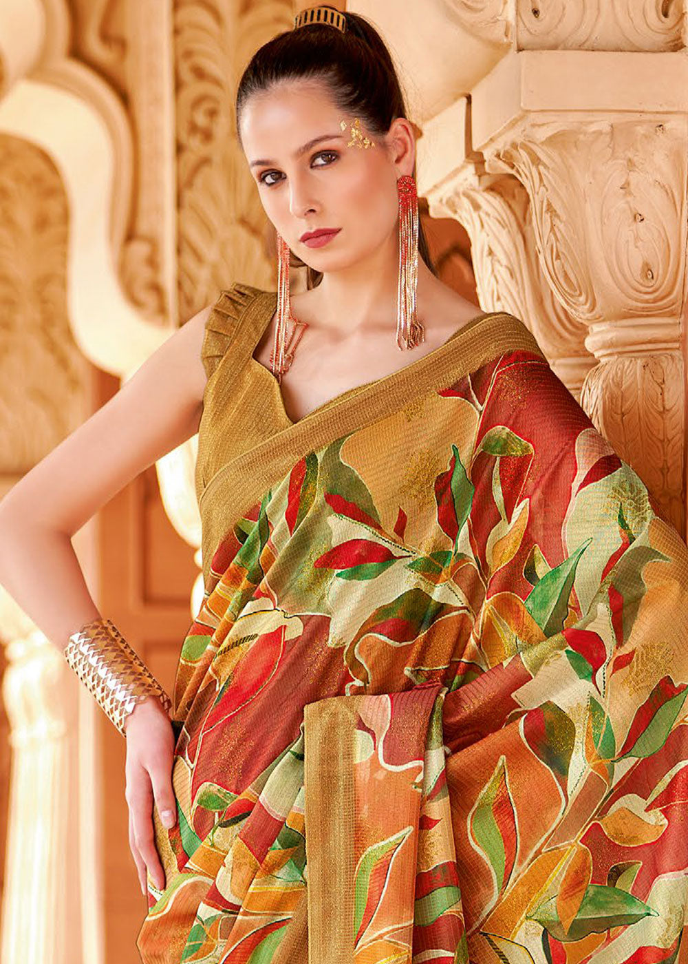 Copper Brown Floral Printed Cotton Silk Saree:Summer Collection