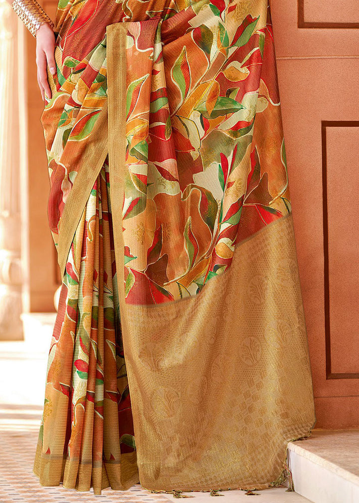 Copper Brown Floral Printed Cotton Silk Saree:Summer Collection