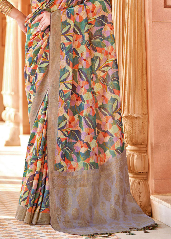 Brownish Grey Floral Printed Cotton Silk Saree:Summer Collection