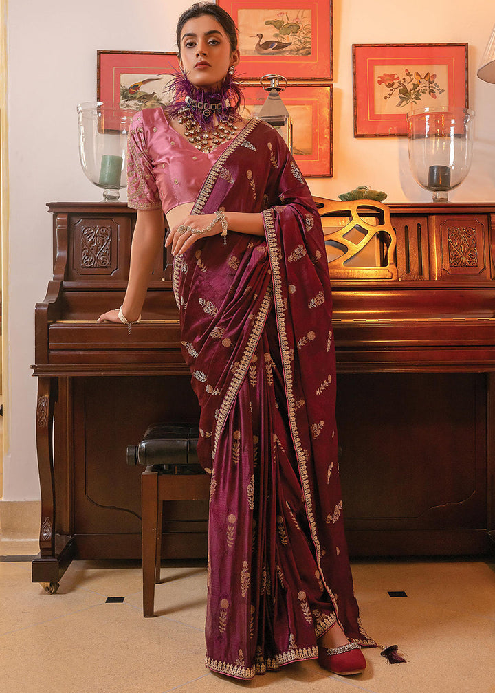 Shades Of Purple Embroidered Viscose Satin Saree