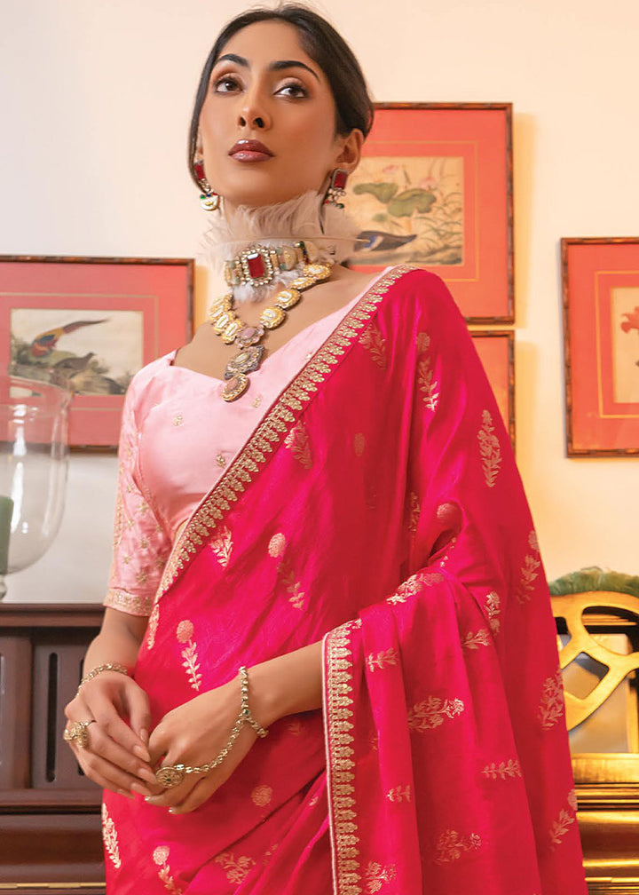 Neon Fuschia Pink Embroidered Viscose Satin Saree