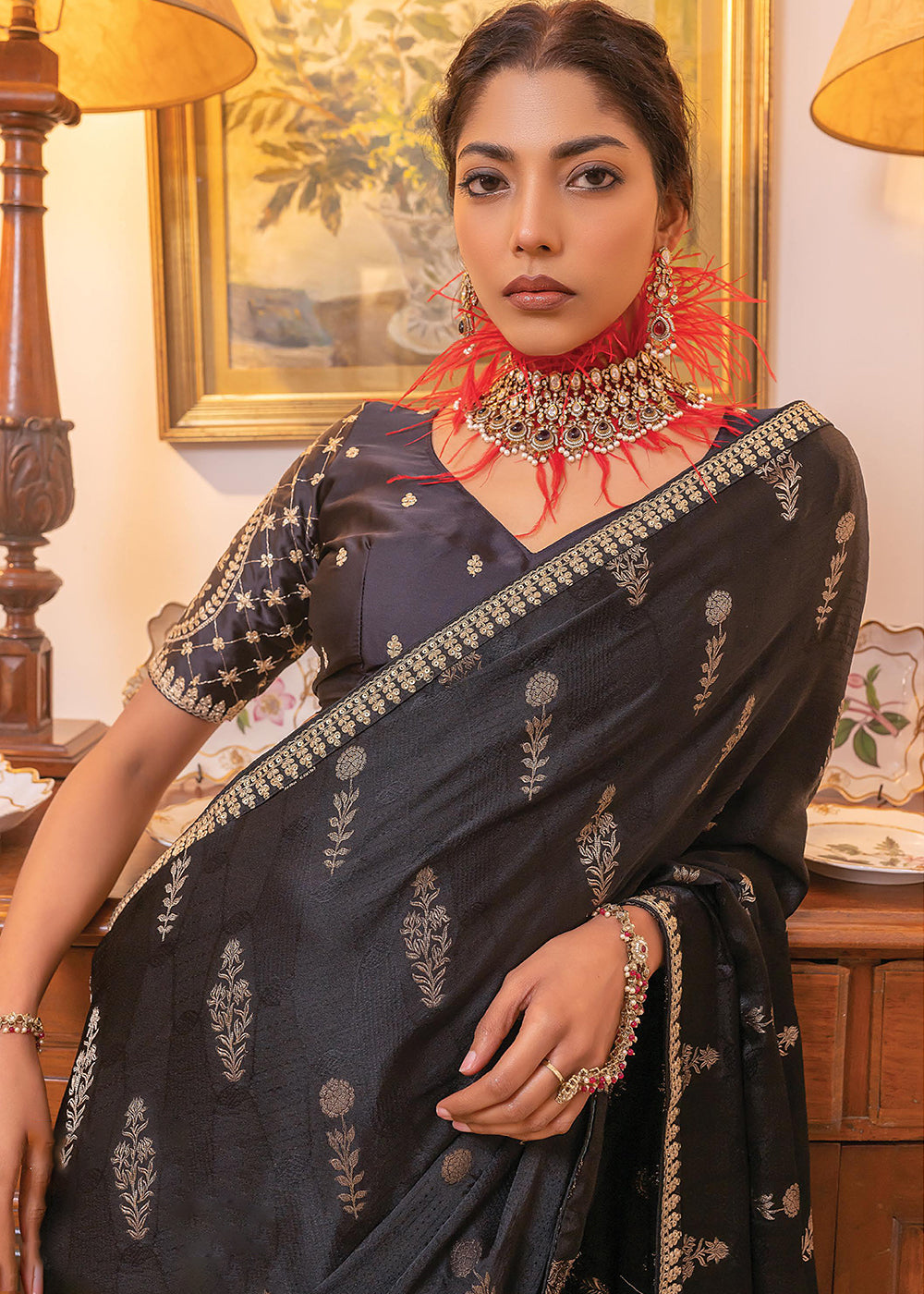 Onyx Black Embroidered Viscose Satin Saree