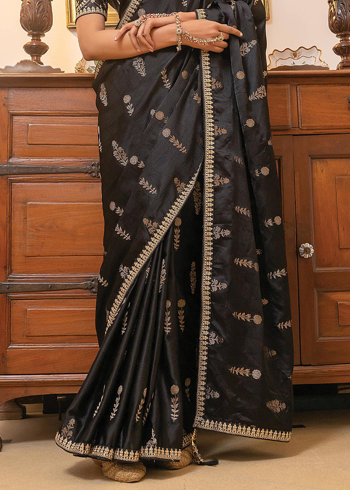 Onyx Black Embroidered Viscose Satin Saree